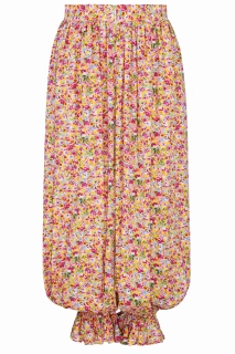 Letnie spodnie o balonowym kroju z bawełny w kwiaty, zakończone falbaną przy kostkach. Spodnie floral crush